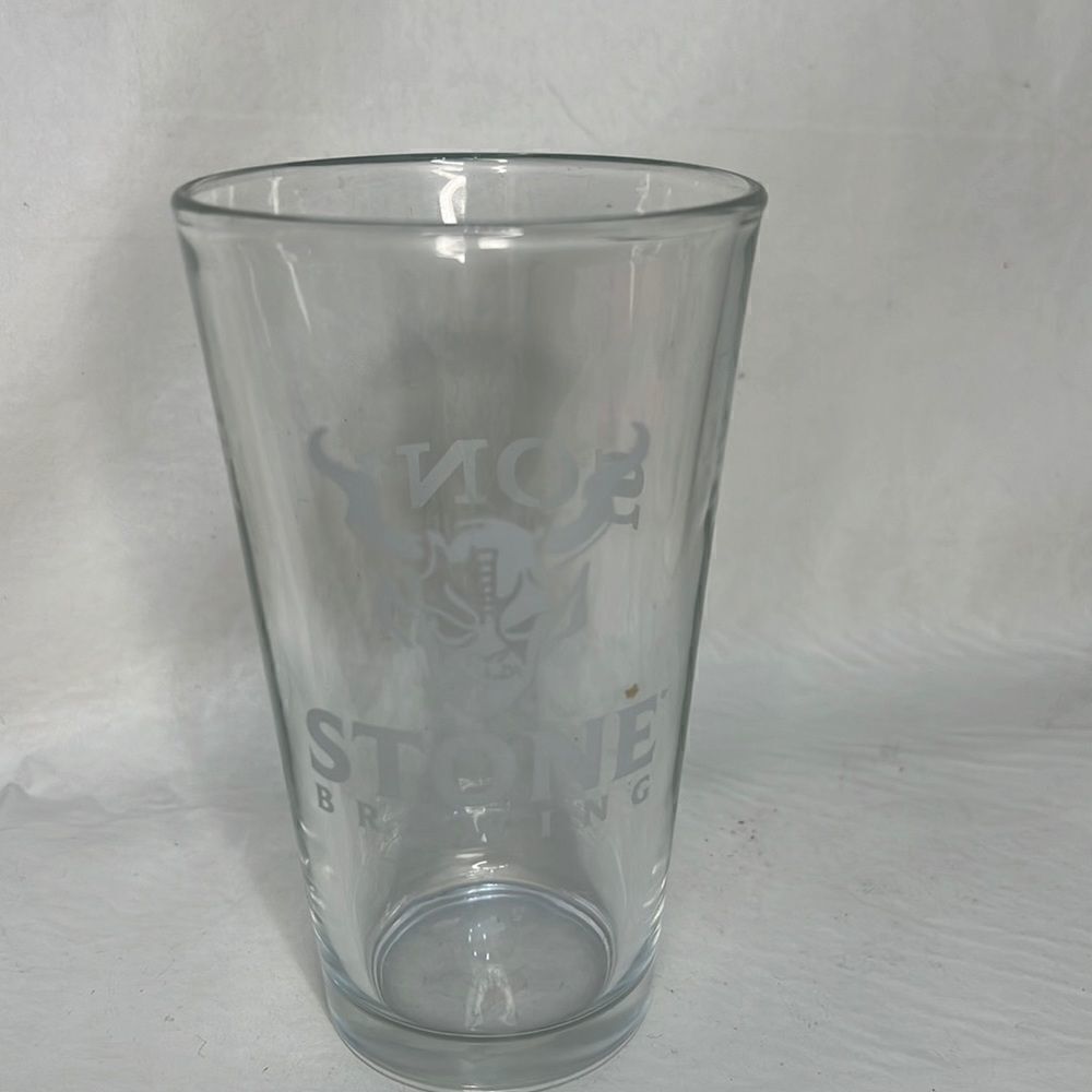 Stone Brewing Sony 16 Ounce Beer Glass White Print 3 1/4 In Round 5 3/4 Tall